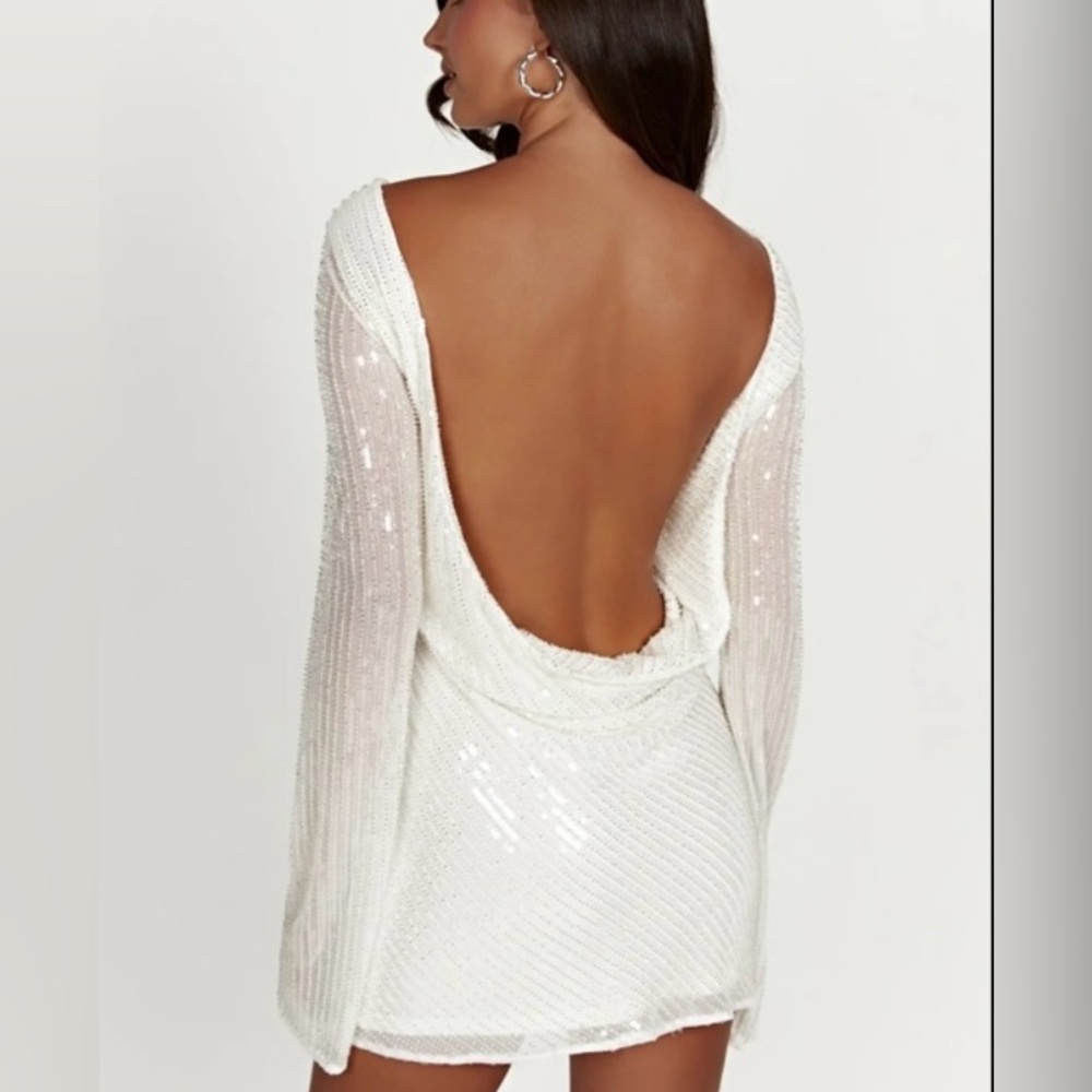 NWOT Meshki White Sequin Backless Dress